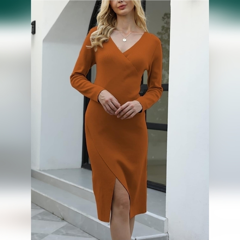 DEEP SELF Women's Rust Midi Sweater Dress V Neck  Long Sleeve Dress L - Picture 5 of 7